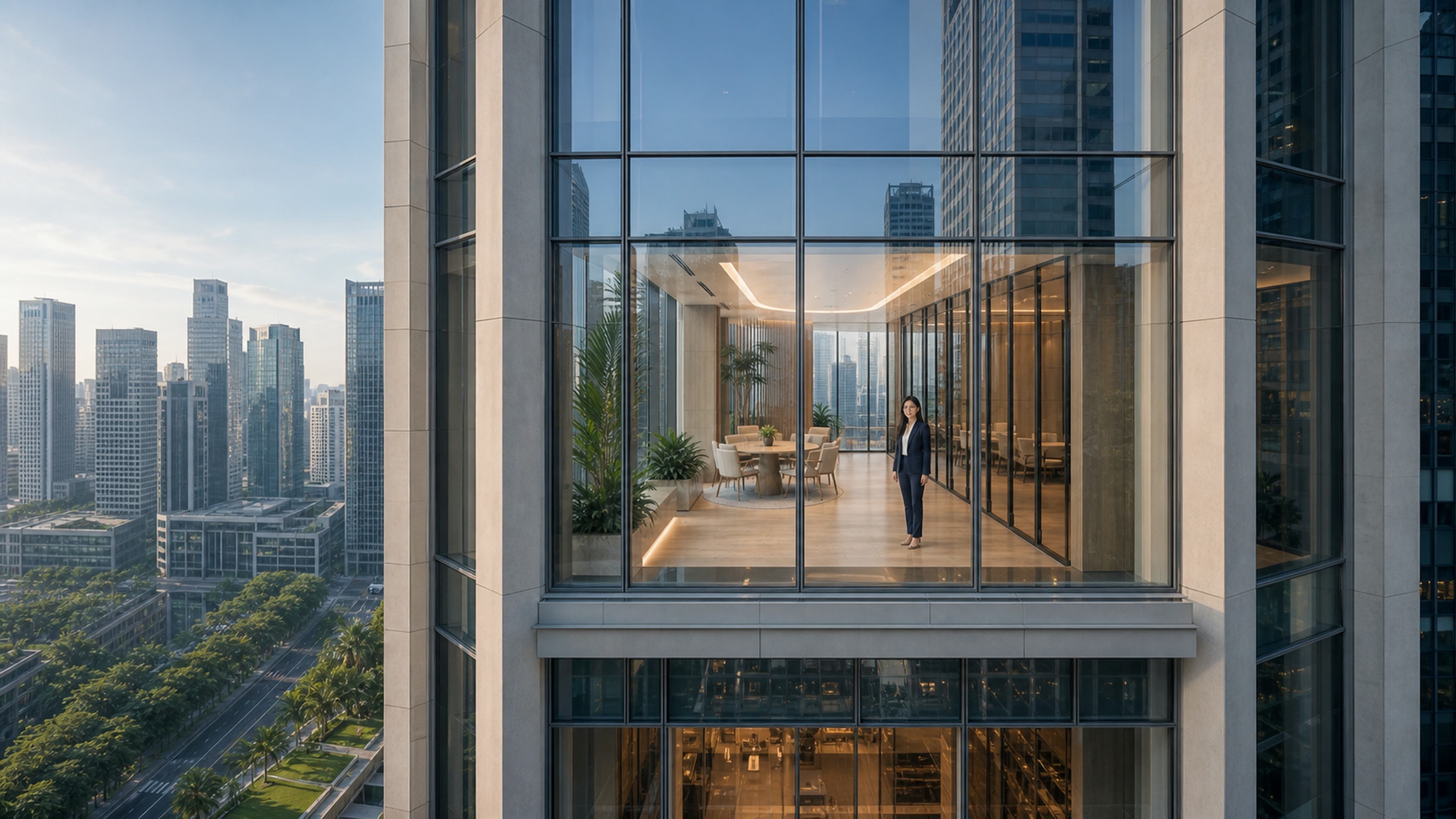 A glass-fronted building opening onto a contemporary office