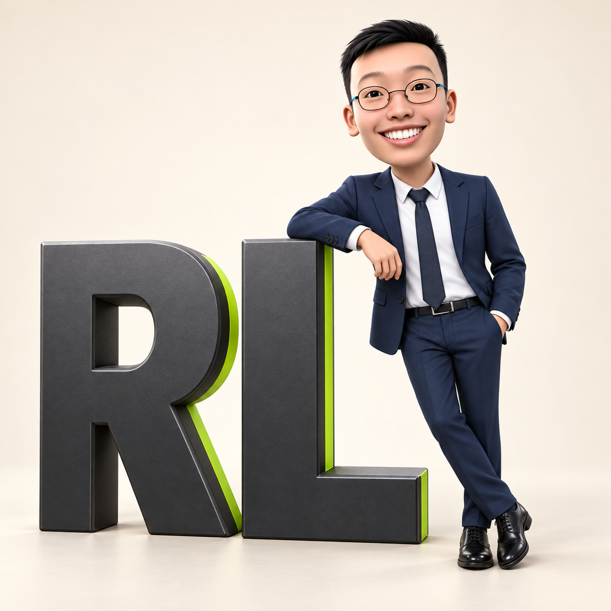 Richmond’s illustrated avatar in a navy suit, resting his arm on graphite RL letters with lime edges.